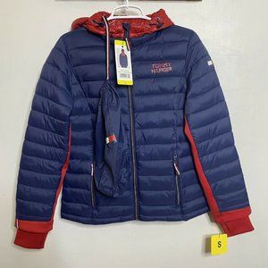 Tommy Hilfiger Packable Puffer Jacket Women's Small Blue Hooded Full Zip - NWT